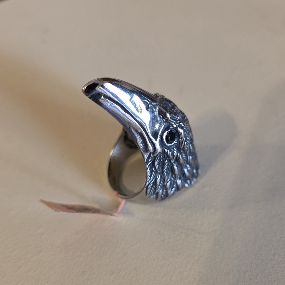Stainless Steel Eagle Head Ring with Onyx-Black CZ Eyes SZ 11